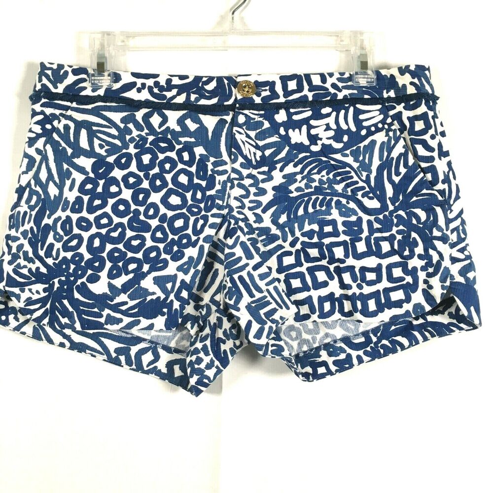 Lilly Pulitzer Shorts Women Sz 6 Navy White Cotton Tropical Fringe Chino Pockets
